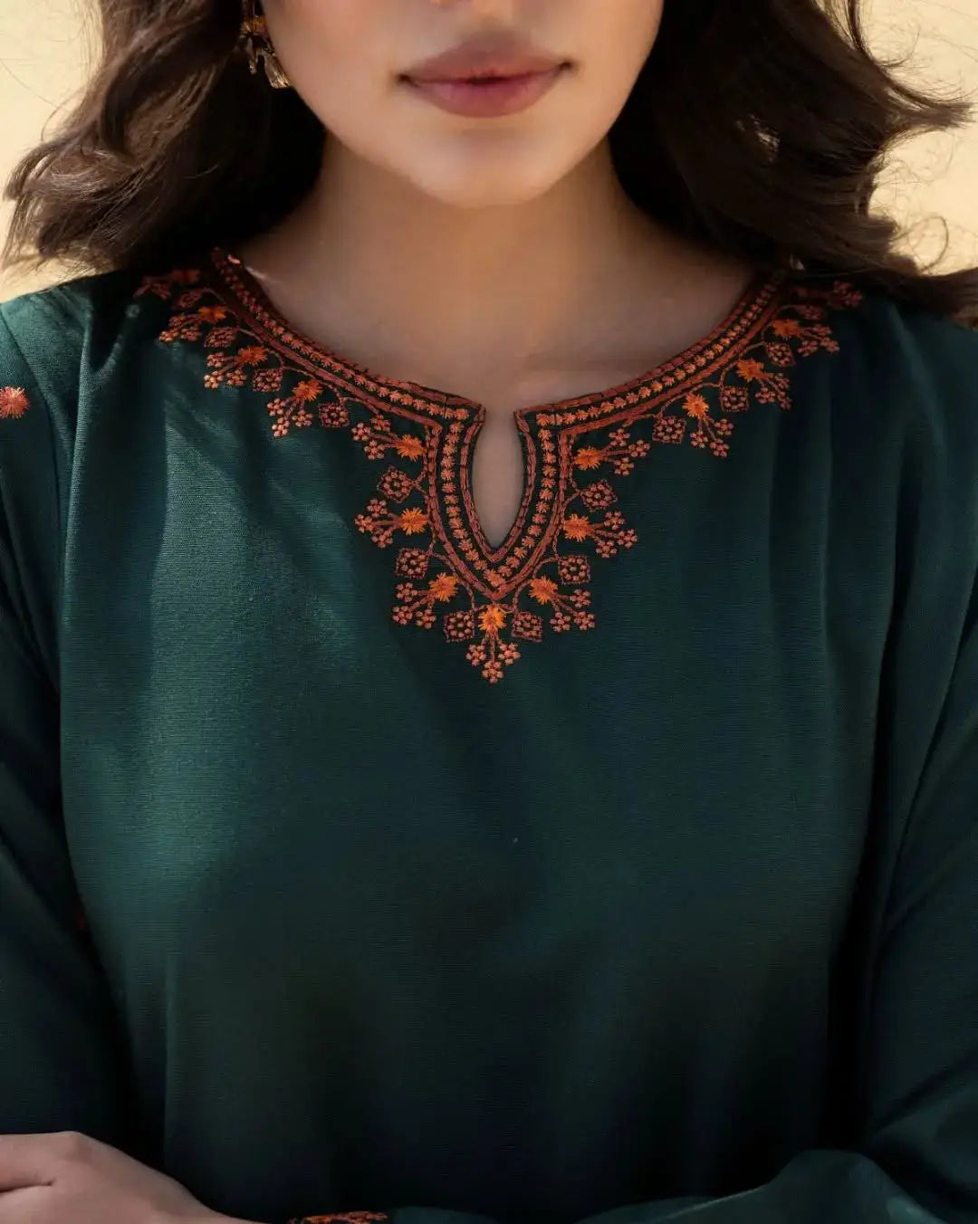 2 Pcs Women's Stitched Cotton Lawn green pocket style Embroidered Shirt And Trouser