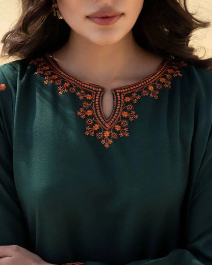 2 Pcs Women's Stitched Cotton Lawn green pocket style Embroidered Shirt And Trouser