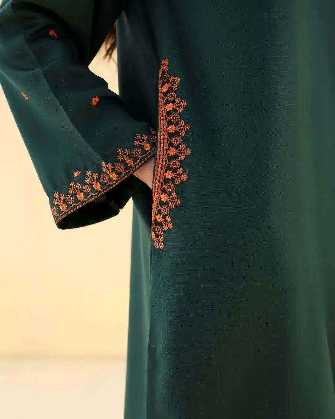 2 Pcs Women's Stitched Cotton Lawn green pocket style Embroidered Shirt And Trouser