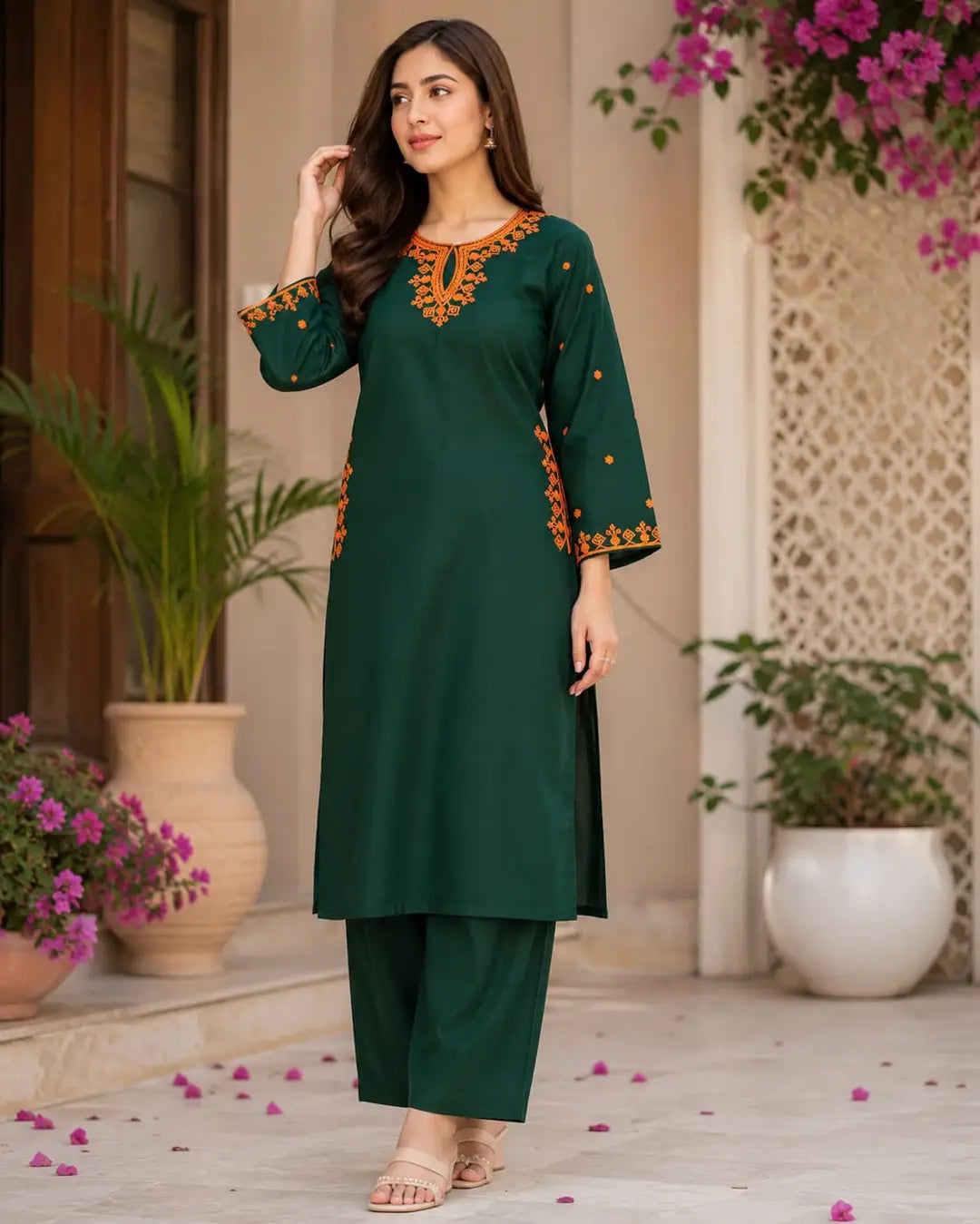2 Pcs Women's Stitched Cotton Lawn green pocket style Embroidered Shirt And Trouser