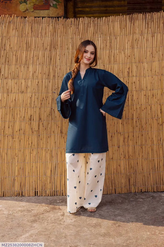2 Pcs Women's Stitched Cotton Lawn Plain Shirt And Trouser