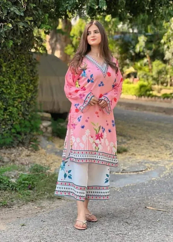 2 Pcs Women's Stitched Lawn Printed Co-Ord Set