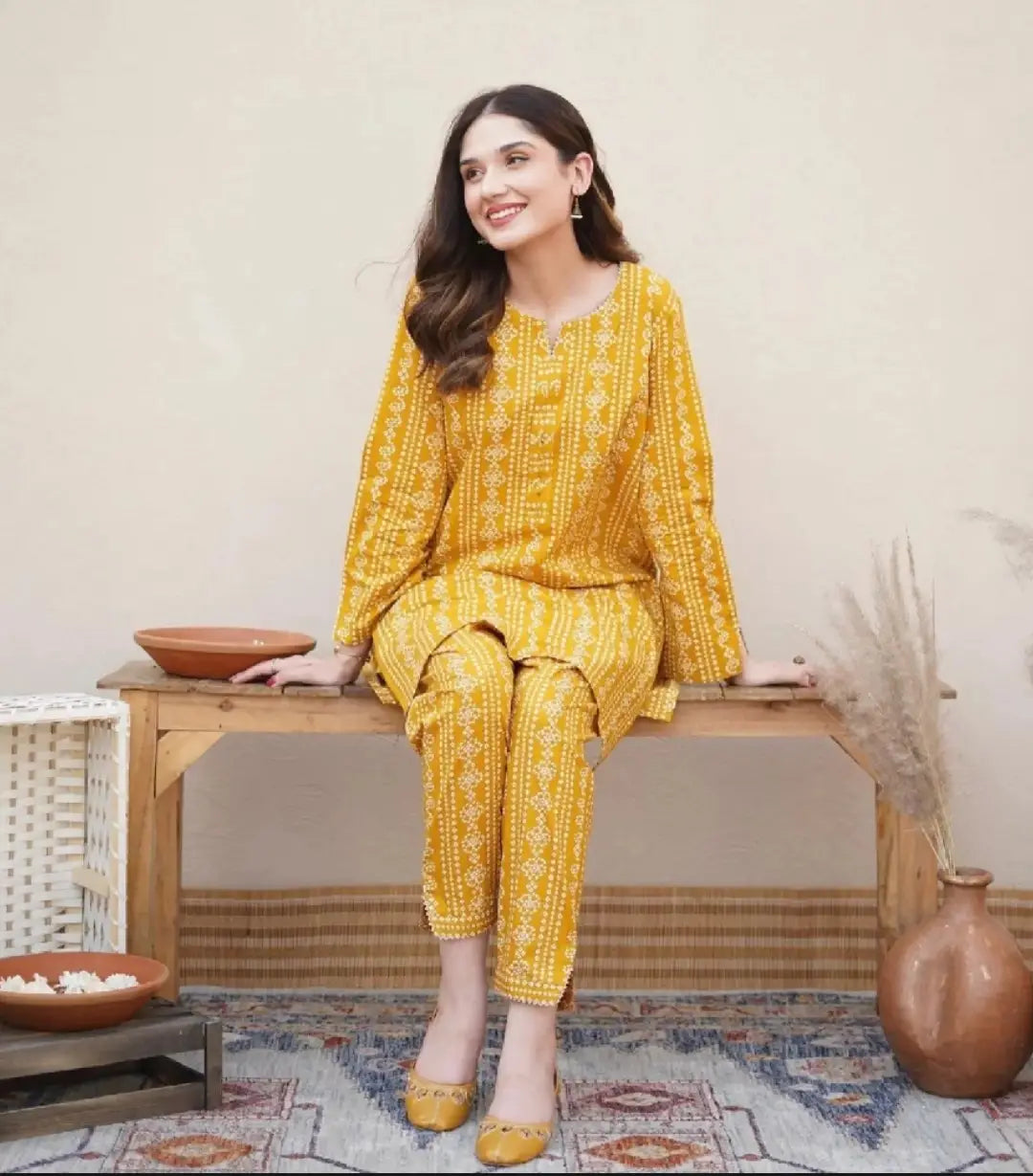 2 Pcs Women's Stitched Linen Block Printed Shirt And Trouser