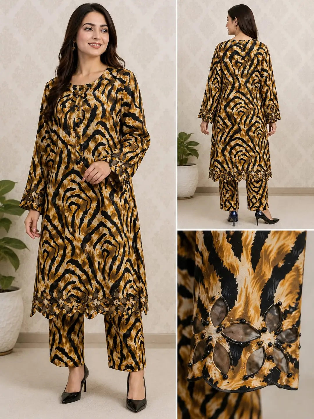 2 Pcs Women's Stitched Linen Printed Shirt And Trouser