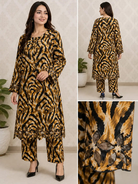 2 Pcs Women's Stitched Linen Printed Shirt And Trouser