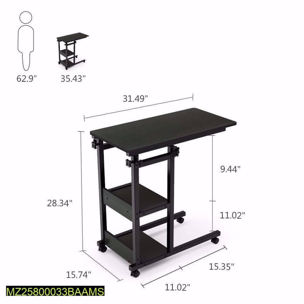 Adjustable Black Laptop Table with Wheels & Two Shelf