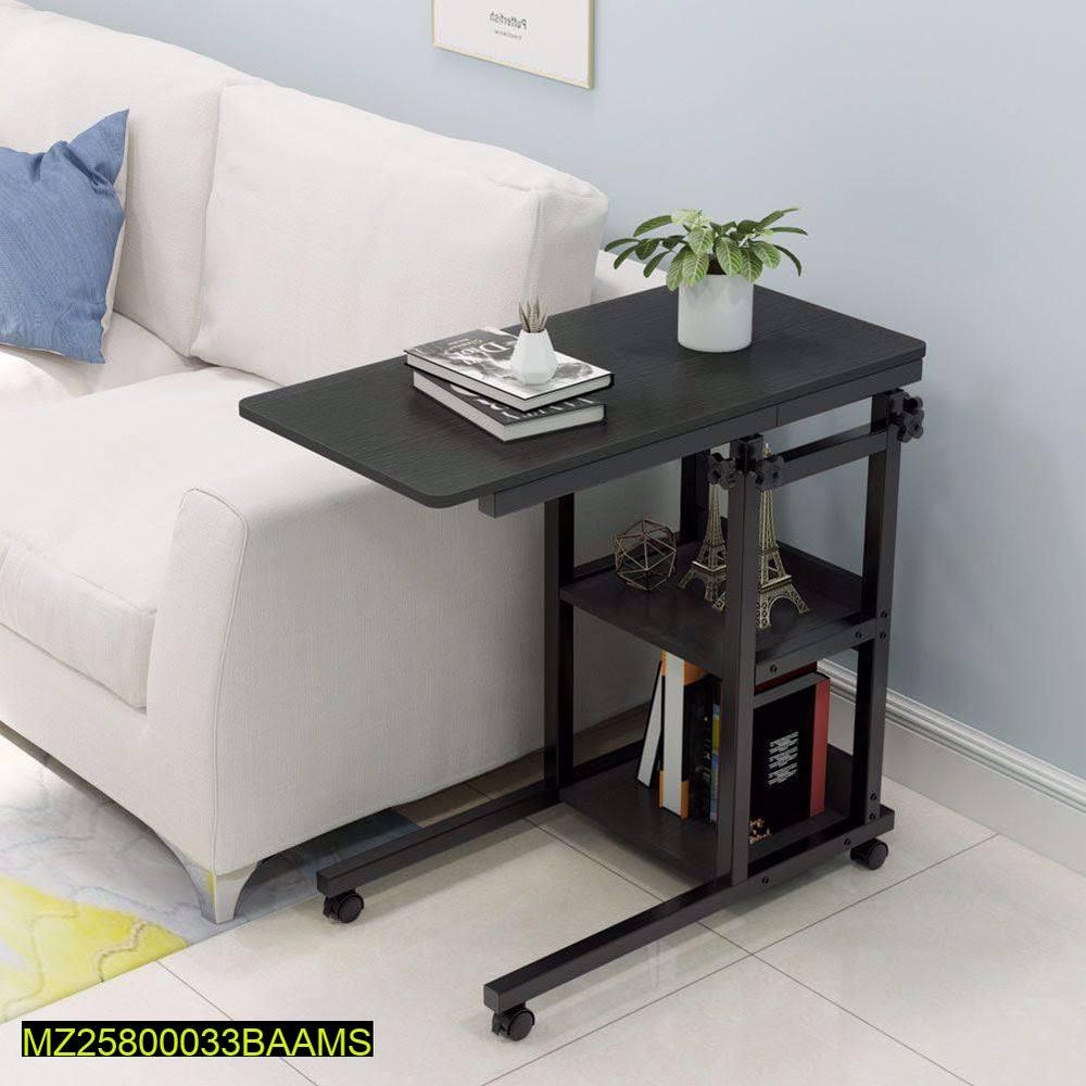 Adjustable Black Laptop Table with Wheels & Two Shelf