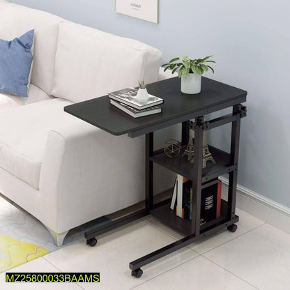 Adjustable Black Laptop Table with Wheels & Two Shelf