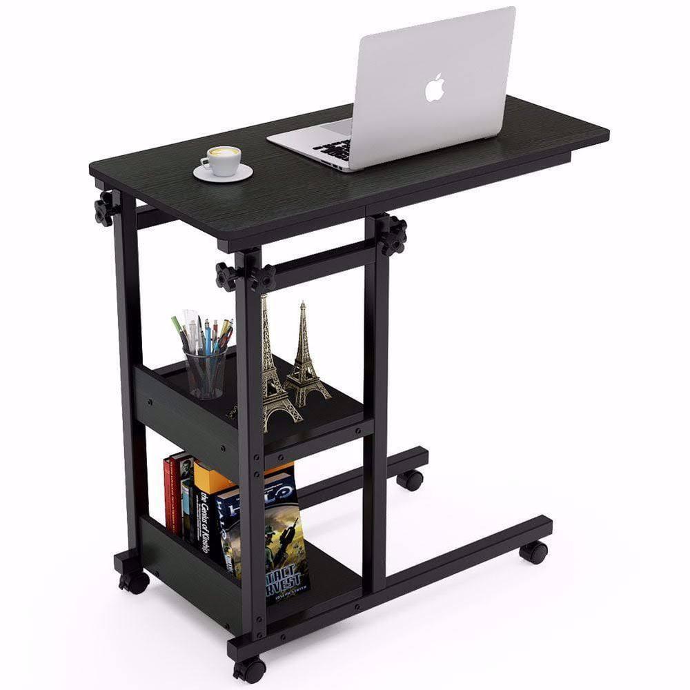 Adjustable Black Laptop Table with Wheels & Two Shelf