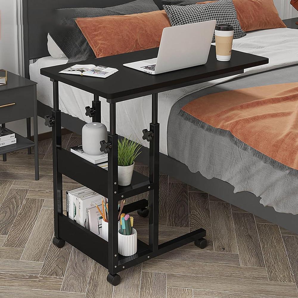 Adjustable Black Laptop Table with Wheels & Two Shelf