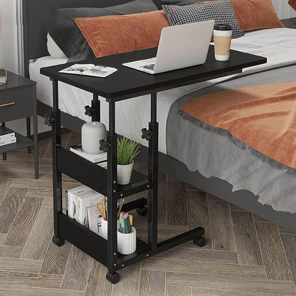 Adjustable Black Laptop Table with Wheels & Two Shelf