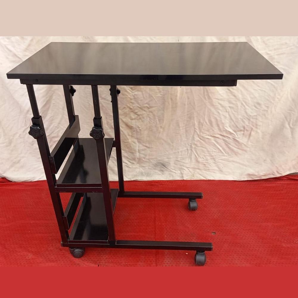 Adjustable Black Laptop Table with Wheels & Two Shelf