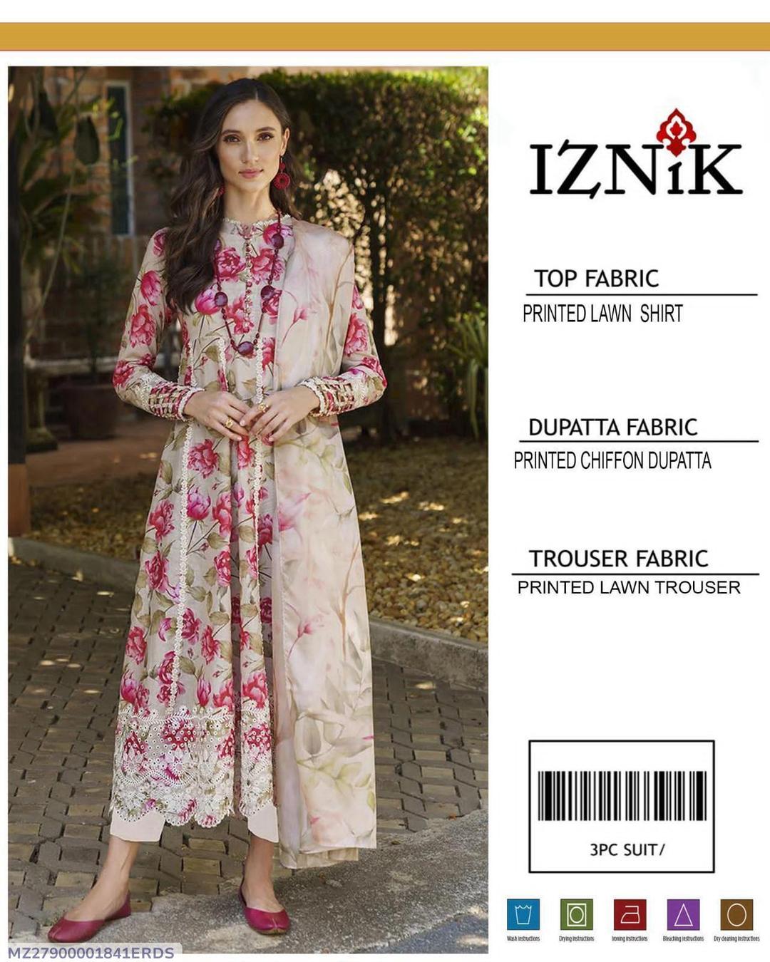 3-Piece Printed Lawn Suit Pink Chiffon Dupatta