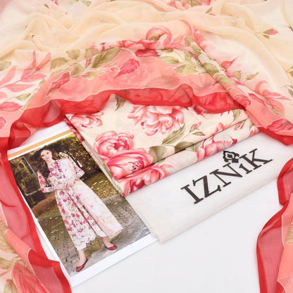 3-Piece Printed Lawn Suit Pink Chiffon Dupatta