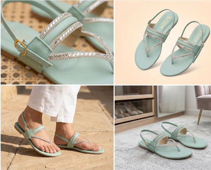 Mint Green Rhinestone Thong Sandals for Women