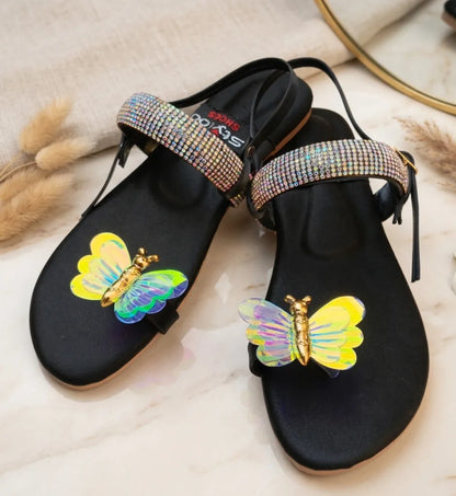 Women Butterfly Rhinestone Flat Sandals Black
