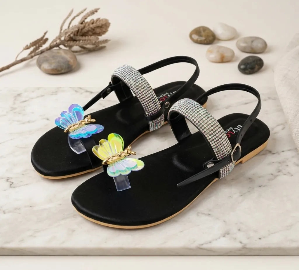 Women Butterfly Rhinestone Flat Sandals Black