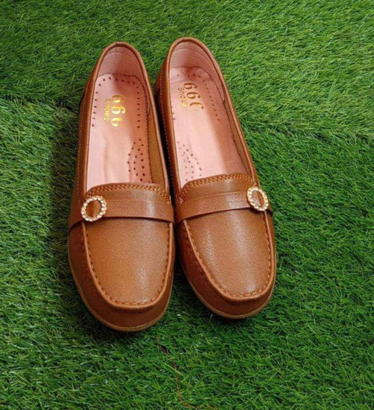 Brown PVC Loafers Round Toe Gold Accents Flat Sole