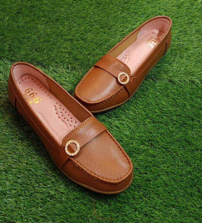 Brown PVC Loafers Round Toe Gold Accents Flat Sole
