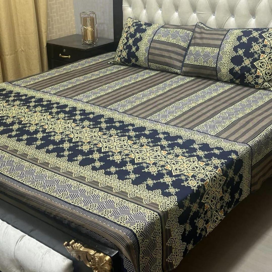 Premium Printed Double Bedsheet Set Brown Crystal Cotton 3-Piece
