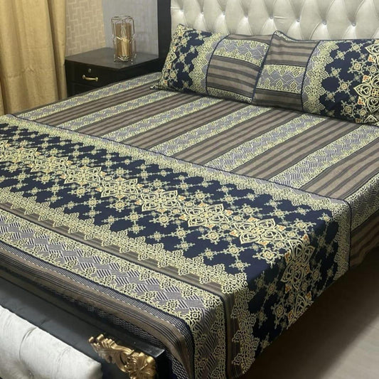 Premium Printed Double Bedsheet Set Brown Crystal Cotton 3-Piece