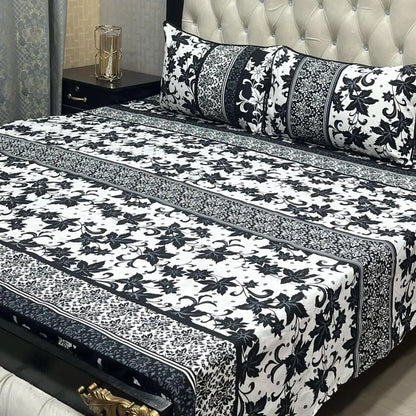 Crystal Cotton Double Bedsheet Set Black Floral Pakistan