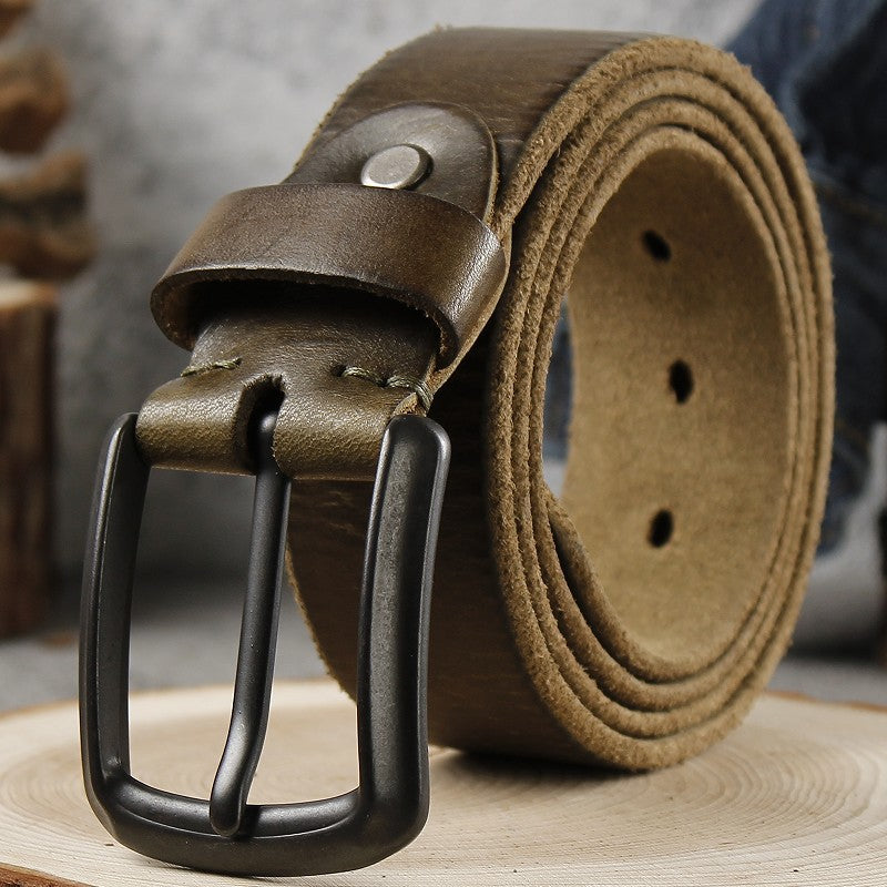 Men's Khaki Leather Belt with Retro Pin Buckle