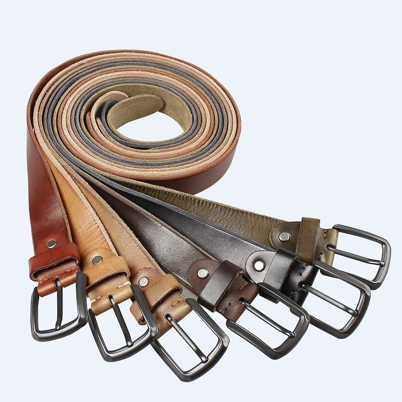 Men's Khaki Leather Belt with Retro Pin Buckle