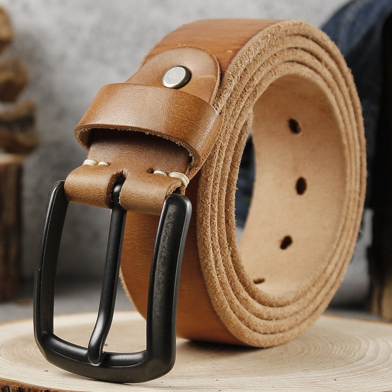 Men's Khaki Leather Belt with Retro Pin Buckle