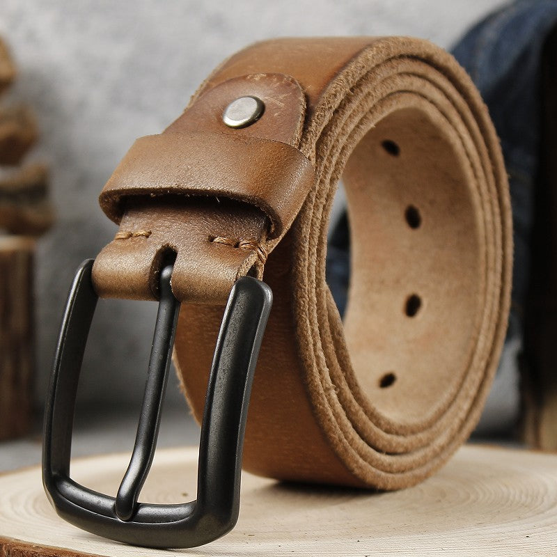 Men's Khaki Leather Belt with Retro Pin Buckle