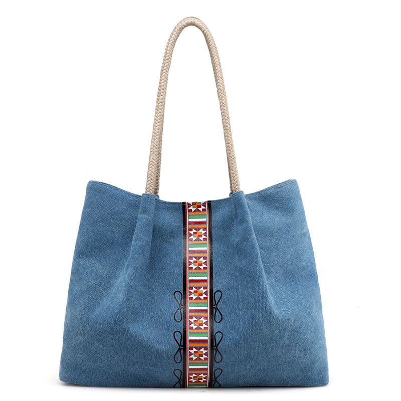 Women Canvas Shoulder Bag Retro Print Large Capacity Daily Use