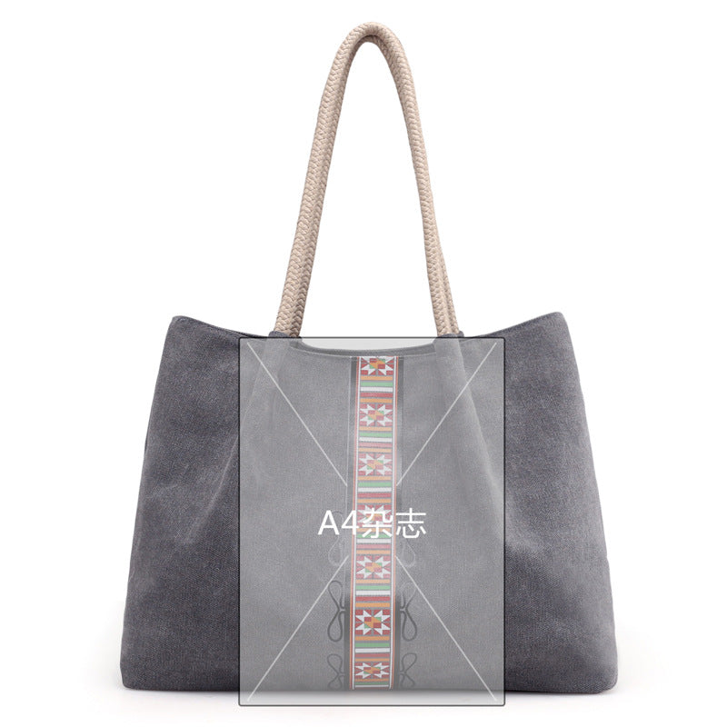 Women Canvas Shoulder Bag Retro Print Large Capacity Daily Use