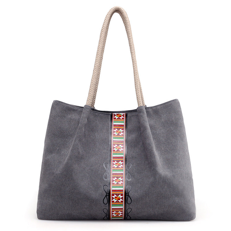 Women Canvas Shoulder Bag Retro Print Large Capacity Daily Use