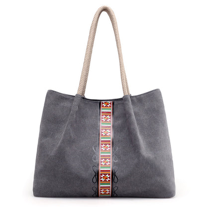Women Canvas Shoulder Bag Retro Print Large Capacity Daily Use