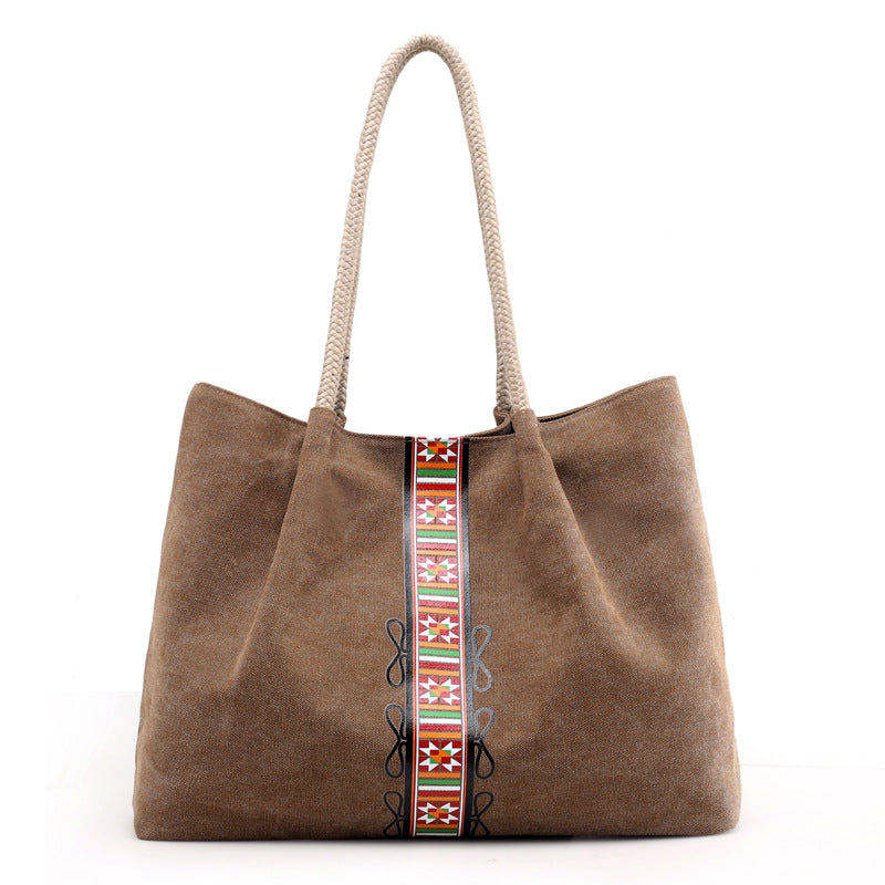 Women Canvas Shoulder Bag Retro Print Large Capacity Daily Use