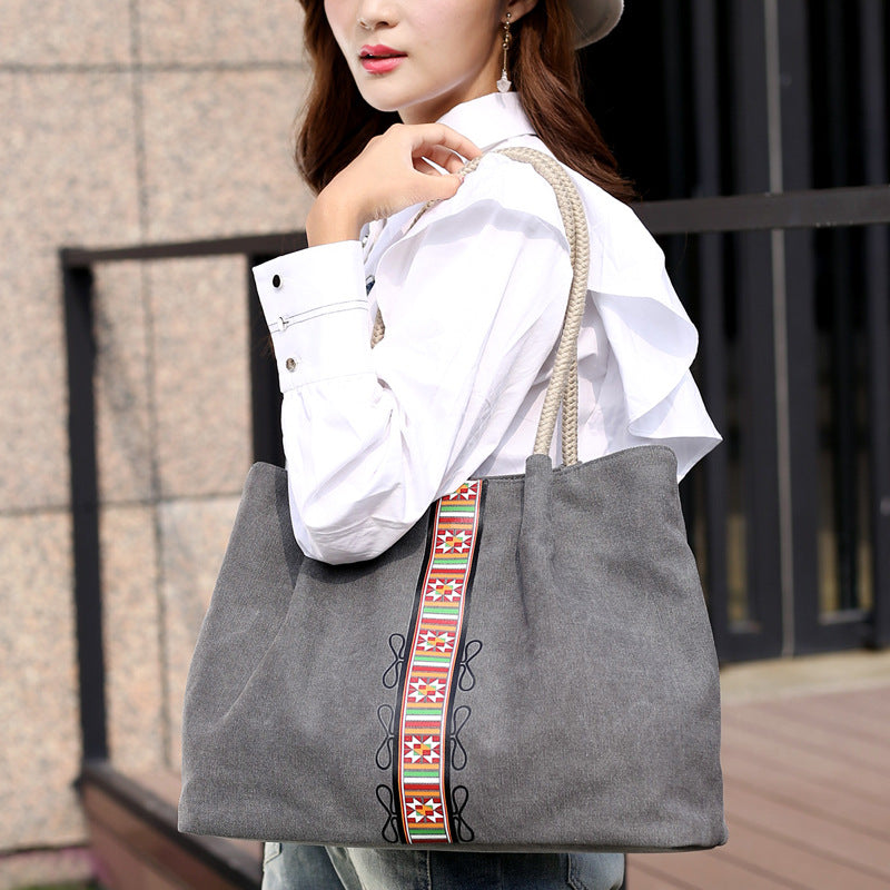 Women Canvas Shoulder Bag Retro Print Large Capacity Daily Use