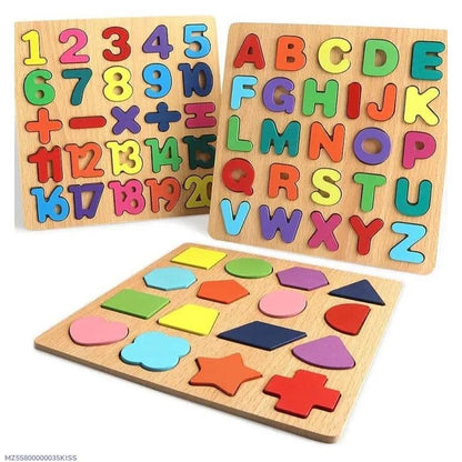 Wooden 3-in-1 ABC Number Shape Puzzle Set for Kids