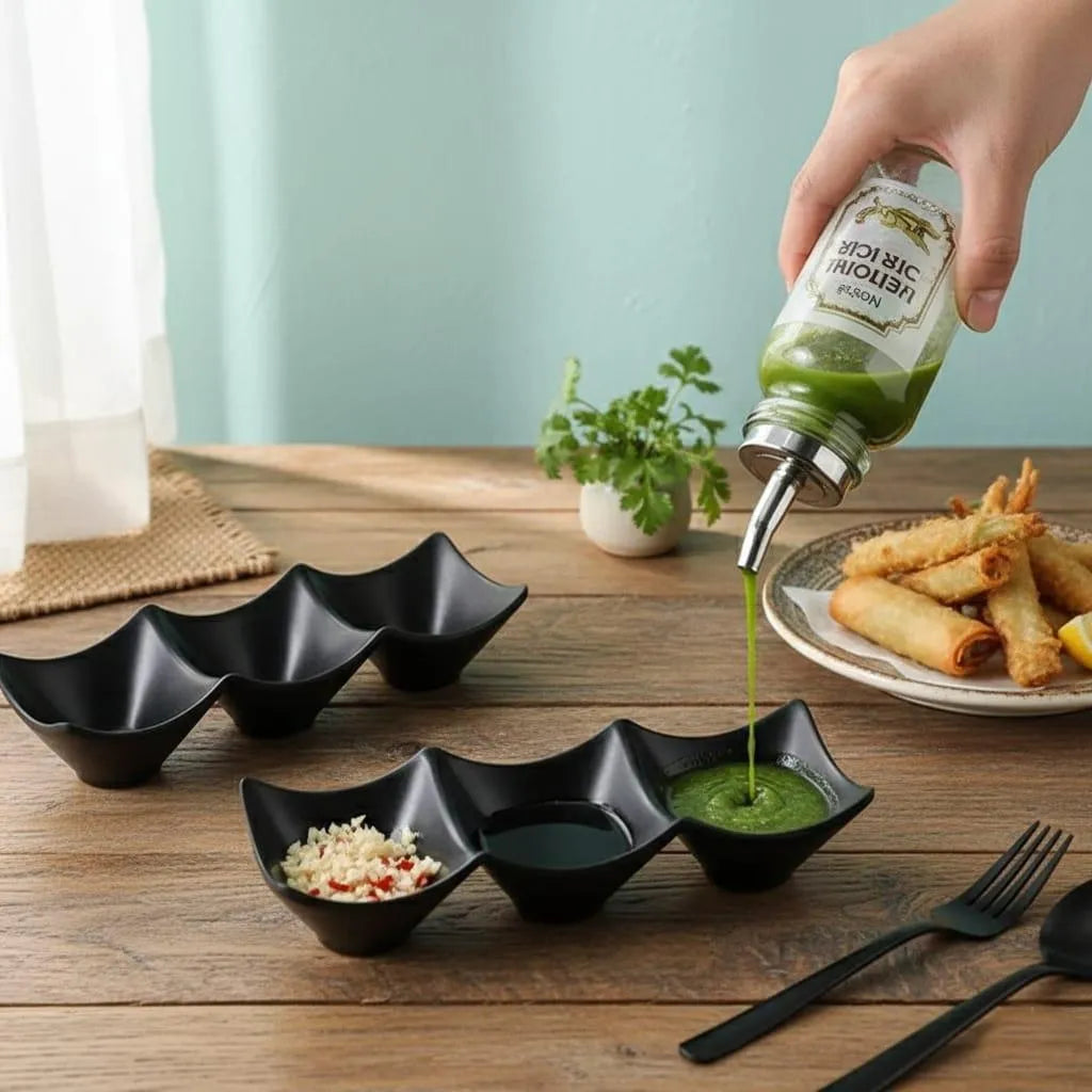 Triple Compartment Sauce Dish Black ABS for Sushi Snacks