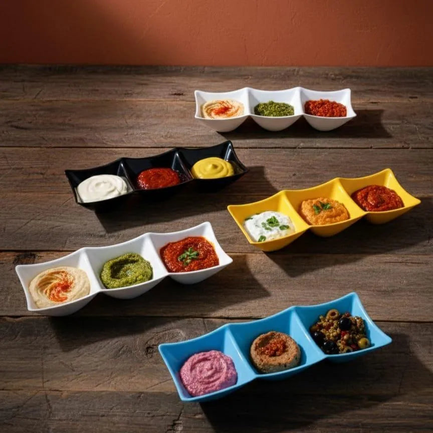 Triple Compartment Sauce Dish Black ABS for Sushi Snacks