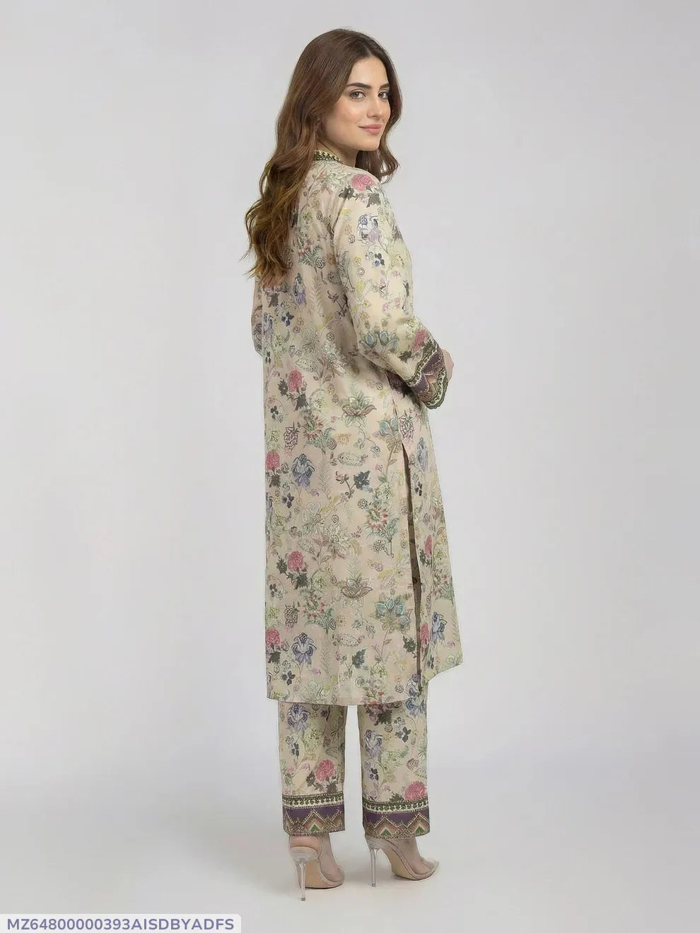 Beige Floral Lawn 2-Piece Kurta Set Medium