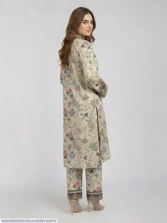 Beige Floral Lawn 2-Piece Kurta Set Medium
