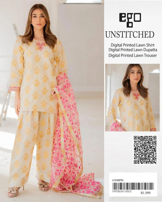Unstitched 3-Piece Lawn Suit Yellow Pink Floral