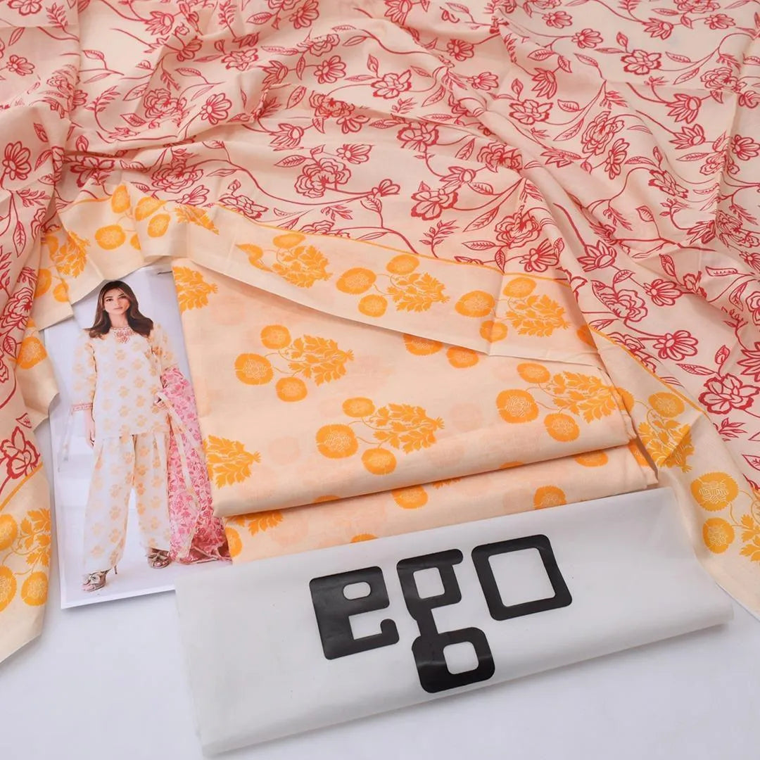 Unstitched 3-Piece Lawn Suit Yellow Pink Floral