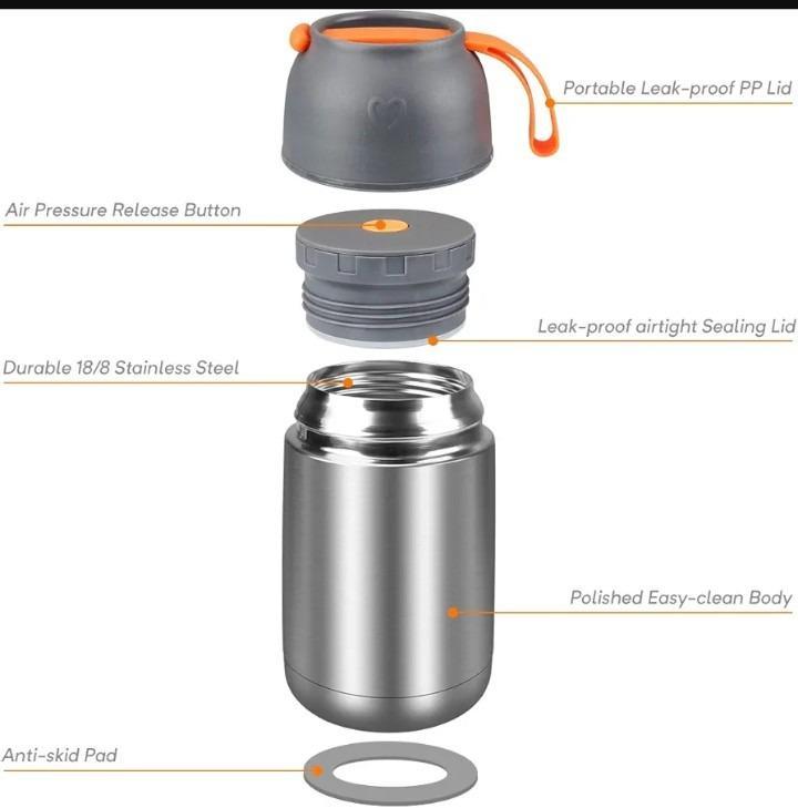 Stainless Steel Vacuum Food Jar 600ml Gray