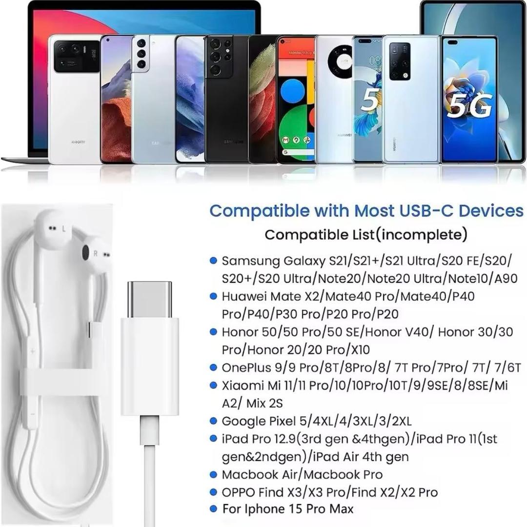 White Earphones USB-C with Mic & Comfortable