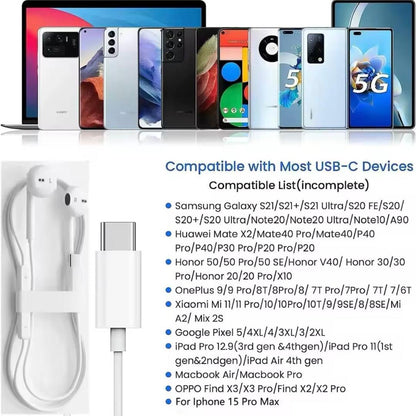 White Earphones USB-C with Mic & Comfortable