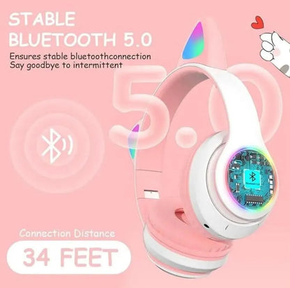 Cat Ear Bluetooth Headphones Pink with LED Lights