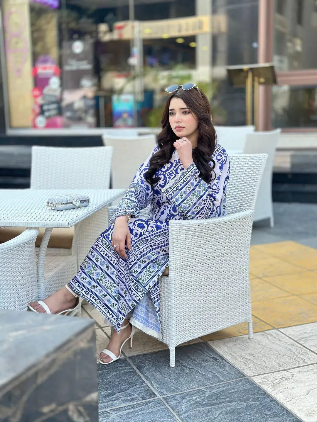 Long Printed 2PC Doria Lawn Suit Blue White