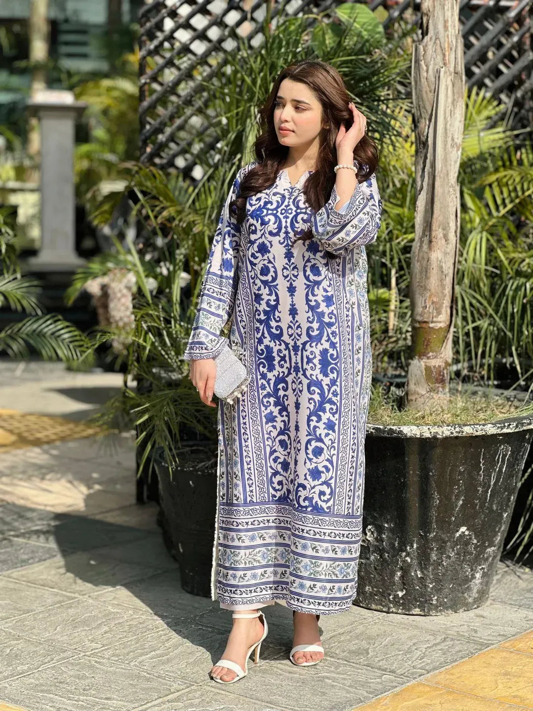 Long Printed 2PC Doria Lawn Suit Blue White