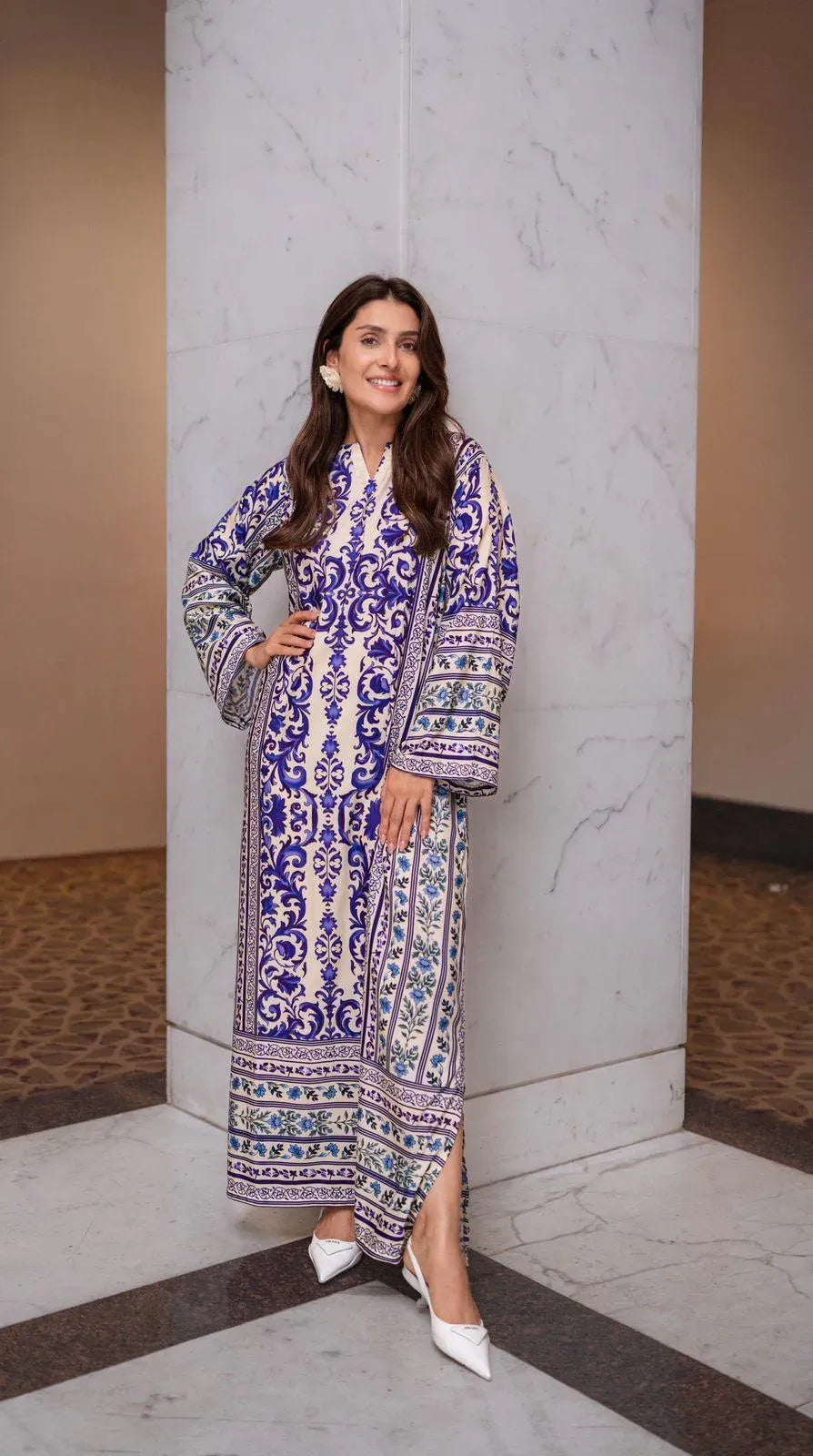 Long Printed 2PC Doria Lawn Suit Blue White